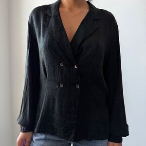 1980s Christian Dior Separates Black Double Breasted Silk Blouse - Large